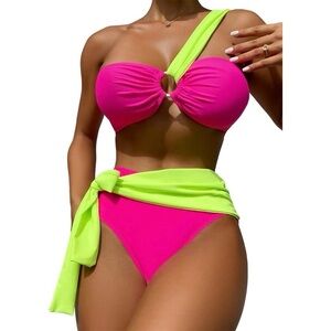 Women's One Shoulder Bikini Set Colorblock High Waist Bathing Suit Tummy Control